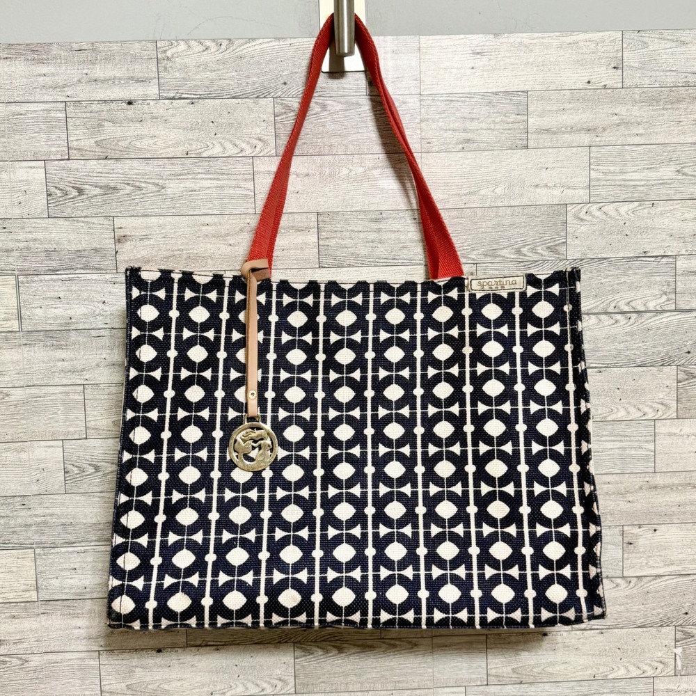 Spartina 449 Hilton Head Market Tote Navy Bag Coral Straps Mermaid Charm Coastal - Picture 9 of 10
